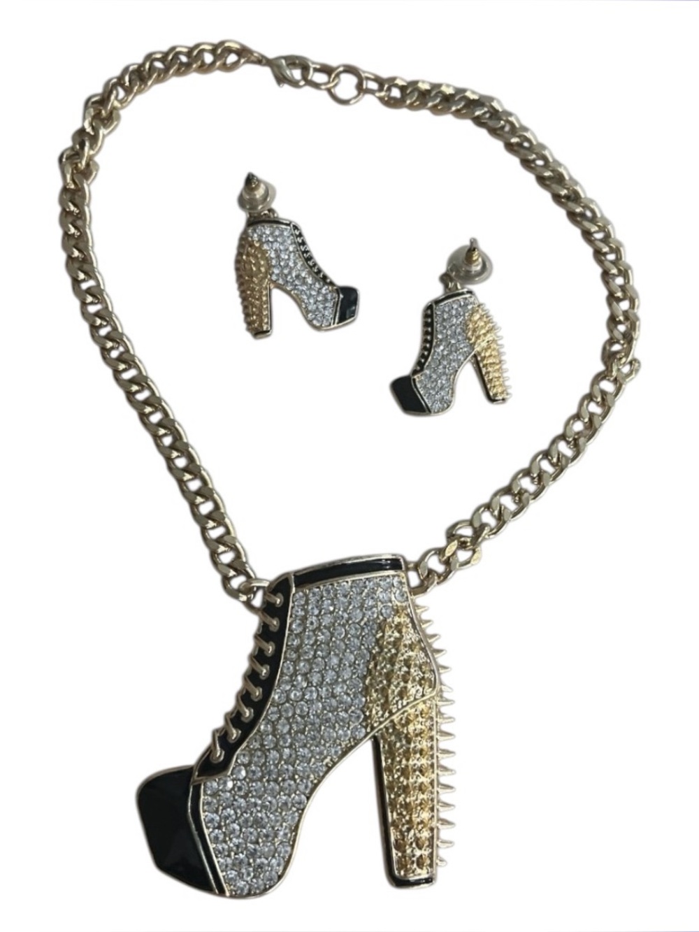 Gold Rhinestone High Heel Boot Necklace & Earring Set